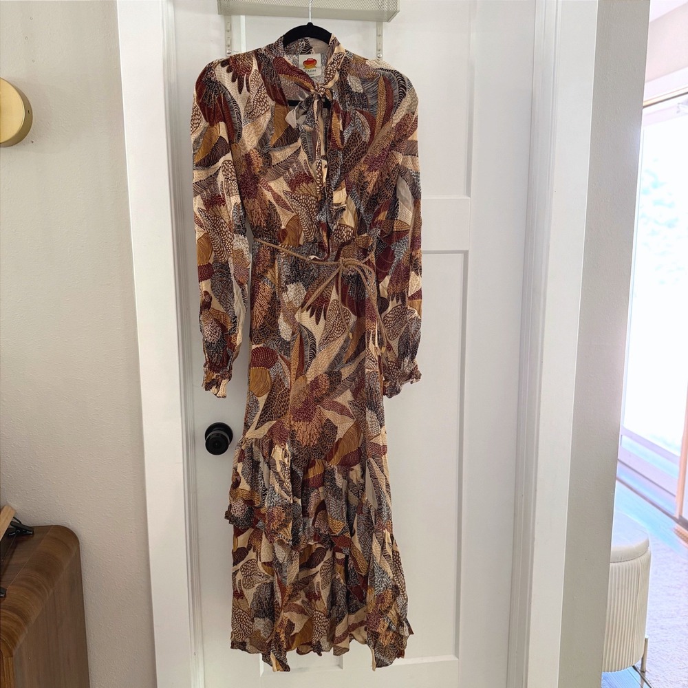 Farm Rio Cream Dotted Macaws Long Sleeve Maxi Dress S Tie Neck Boho Fall Floral